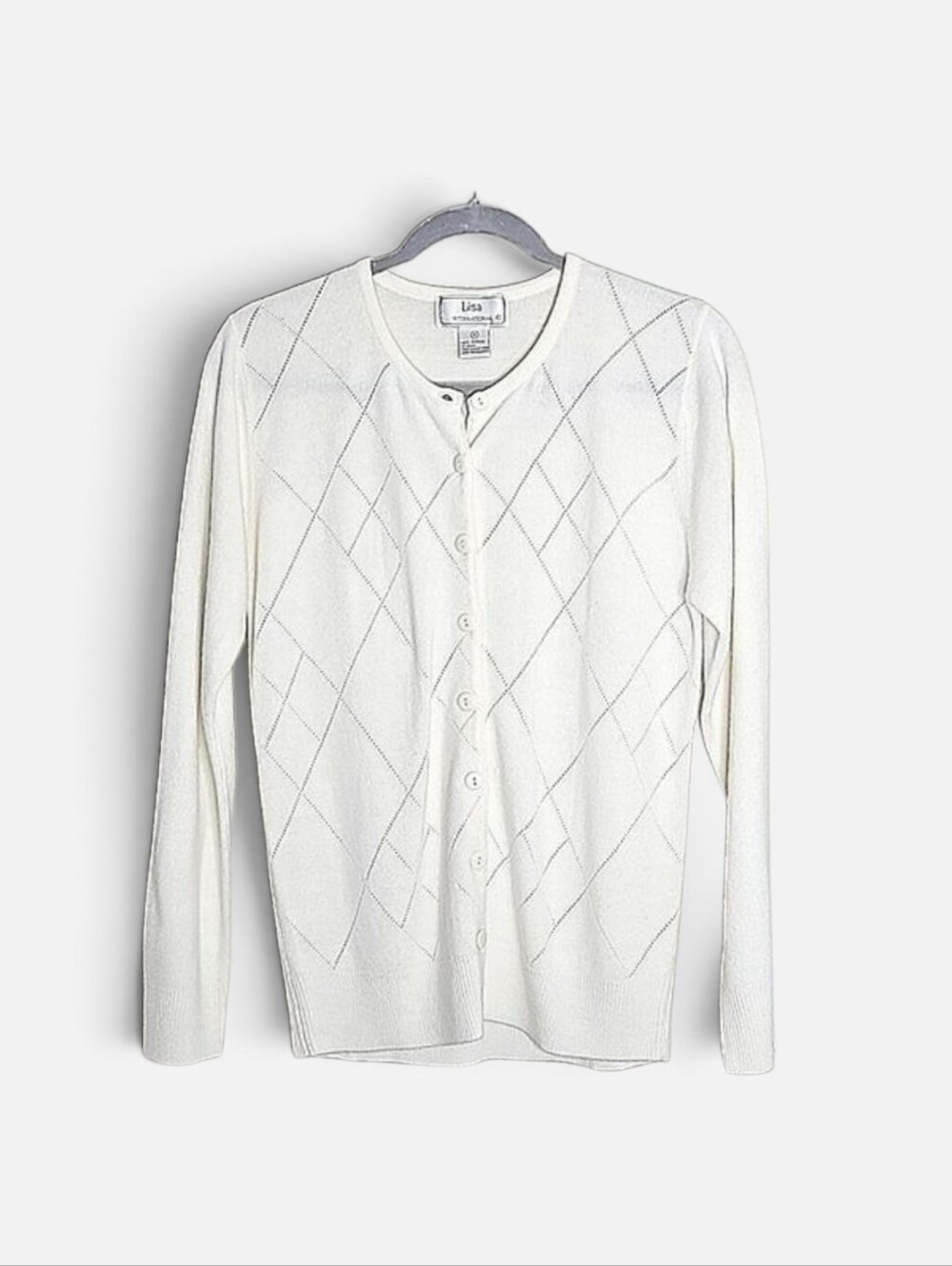 Ivory Argyle Pointelle Cardigan Small Cream Button Front Knit Button